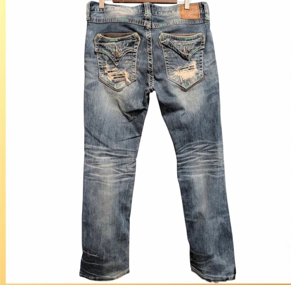 AFFLICTION Ace Slim Straight Blue Jeans Men's 33 Denim Distressed Flap Pockets